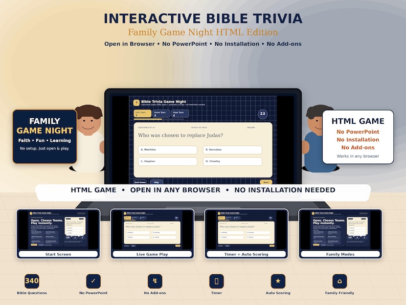 May include: An advertisement for "Interactive Bible Trivia: Family Game Night HTML Edition." The image shows a tablet displaying the game interface, with options for start screen, live gameplay, timer, and family modes. The game features 340 Bible questions and requires no PowerPoint or installation.