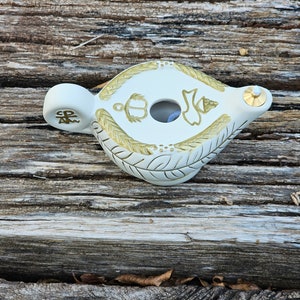 Stunning Ivory Terracotta Oil Lamp from the Holy Land | Handmade Miniature Clay Lamp with Gold Accents, Sacred Gift