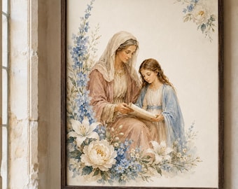 Saint Anne Teaching Young Mary Watercolor Printable, Education of the Virgin Catholic Digital Art