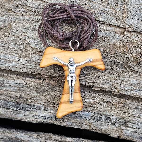 Hand made 4cm tau cross pendant Olive wood with Christ body Made in the Holy land