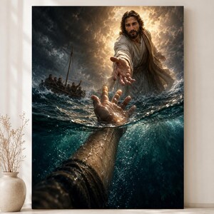 Jesus Saves Peter, Hand of God, Jesus Saves Peter Printable – The Hand Above the Waves, Matthew 14 Christian Wall Art, Sea of Galilee