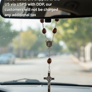 Christian Car Rosary • Rear View Mirror Cross Charm • 10 Beads Wooden Rosary with St. Benedict Medal • Car Accessories & Christian Gifts