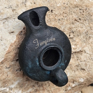Biblical Oil Lamp Replica with &quot;Forgiven&quot; Inscription | Holy Land Pottery Style | Christian Gift