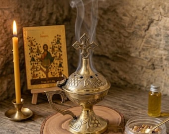 Juego de regalo espiritual grabado: incensario de 15 cm, icono bendito de Jerusalén y mirra del Santo Sepulcro.