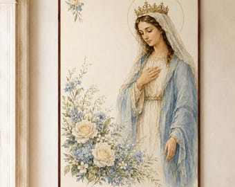 Virgin Mary Watercolor Print, Botanical Marian Wall Decor, Soft Blue Blessed Mother Catholic Printable