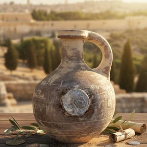 Puede incluir: Una jarra rústica de cerámica marrón con asa y medallón plateado. La jarra se exhibe sobre una superficie de madera con monedas, rollos enrollados y ramas de olivo. El fondo presenta un paisaje urbano borroso y el texto "Holy Land Merchandise".