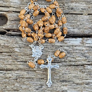 Handmade Olive wood Rosary Necklace Engraved beads, rose-shaped centerpiece
