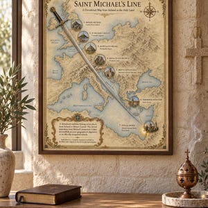 May include: A framed map titled Saint Michael's Line, A Devotional Map from Ireland to the Holy Land. The map features a large sword graphic spanning across Europe, connecting seven numbered locations from Ireland to the Holy Land, with a compass rose.