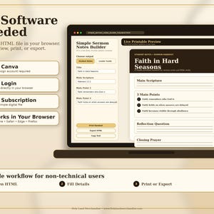 Op de afbeelding: Een laptopscherm toont een "Simple Sermon Notes Builder" interface. Het scherm toont een voorbeeld van "Faith in Hard Seasons" notities, met opties voor bewerken, afdrukken en exporteren. Tekst op het scherm bevat "No Software Needed" en "Works in Your Browser."