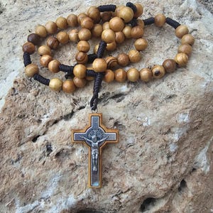 10mm Olive Wood Rosary with Saint Benedict Crucifix | Handmade in Bethlehem | Christian Prayer Beads | Catholic Gift from Holy Land