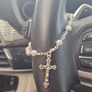 Christian Car Rosary with Cross Charm · Rear View Mirror Hanging Ornament · mini cross car hanging