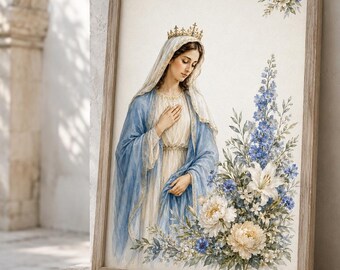 Virgin Mary Watercolor Printable, Blue Floral Marian Wall Art, Catholic Digital Download