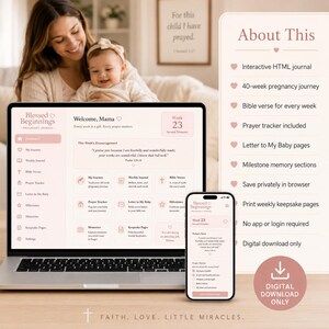 Kristen graviditetsbönedagbok HTML, trosbaserad graviditetsdagbok för 40 veckor, interaktiv bibelversplanerare, babyshowerpresent till mamma