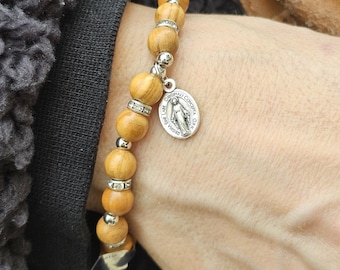 Hande made Miraculous Medal  Olive wood Bracelet - 8mm olive wood beads