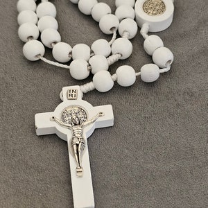 Rosary 10mm wood beads White color Double sided cross made in Jerusalem the Holy land