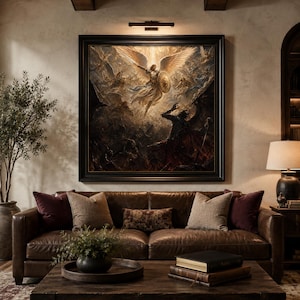 May include: A large, square, framed wall art piece depicting a dramatic battle scene with a winged, armoured figure wielding a sword and shield against a dark, horned entity. The painting features high-contrast lighting, gold tones, and deep shadows.