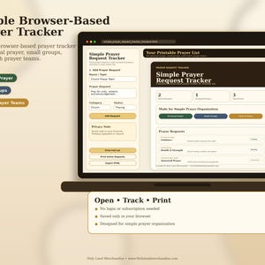 May include: A laptop screen shows a "Simple Prayer Request Tracker" interface. The website is designed for personal prayer, small groups, and church prayer teams. The text "Open • Track • Print" is visible at the bottom of the screen.