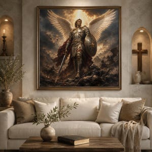 May include: A framed wall art print depicting an armored angel with large white wings, holding a sword and a round shield, standing over a dark battlefield. The scene features dramatic lighting, a cloudy sky, and a red cape flowing behind the figure.