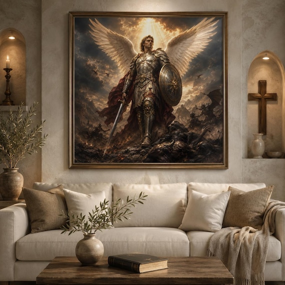 Archangel Michael Wall Art, St Michael Spiritual Warfare Print, Catholic Protection Decor, Christian Warrior Angel, Victory on Earth