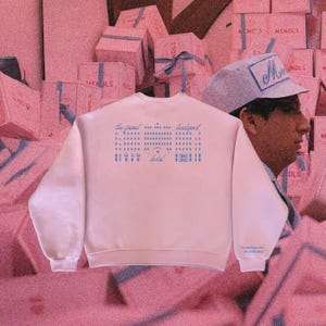 May include: Pink sweatshirt with a blue graphic of the Grand Budapest Hotel on the back. The text "We were happy here, for a little while" is on the bottom left sleeve.