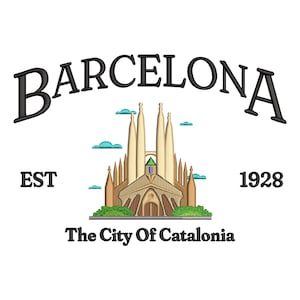 Barcelona City machine embroidery design, Europe Cities embroidery file, Catalonia location, Pes, Dst, Jef, Hus, Sew, Exp, Xxx, Vp3, Dgt