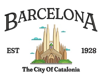 Barcelona City machine embroidery design, Europe Cities embroidery file, Catalonia location, Pes, Dst, Jef, Hus, Sew, Exp, Xxx, Vp3, Dgt