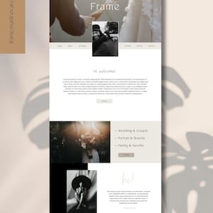 Könnte beinhalten: Webdesign in neutralen Farbtönen. Der obere Bereich zeigt das Wort "Frame" und ein Foto eines Paares. Weitere Abschnitte sind "Hi, welcome!" und "Wedding & Couple". Der Name der Website ist "Martine".