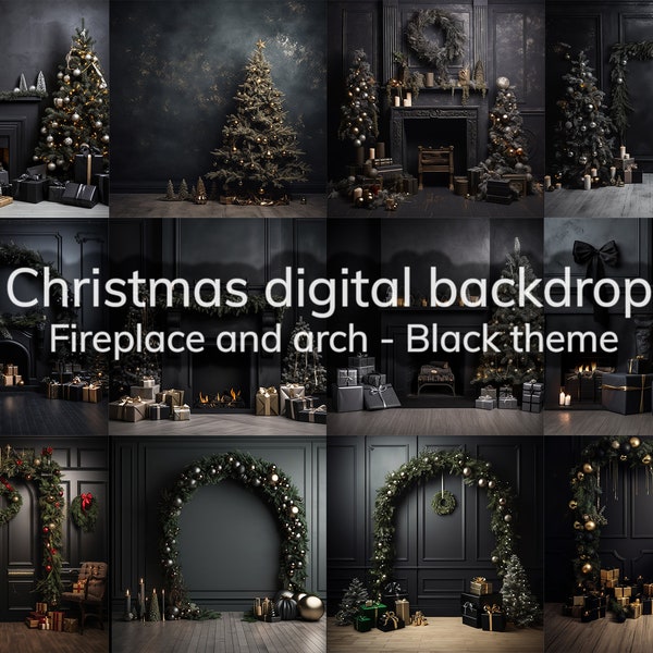 12 Christmas digital backdrop, black themed fireplace and arches, christmas mini backdrop, maternity backdrop