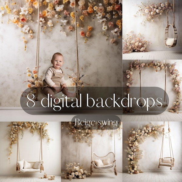 Beige and neutral floral swing set, digital backdrops for baby and maternity photography, photoshop background, photo overlays