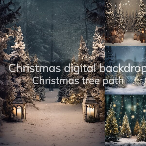 6 Magical christmas digital backdrops set, outside setting with lights and lanterns, photoshop overlay