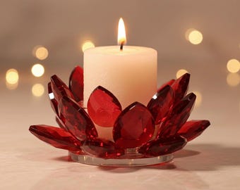 Luxurious lotus votive candle holder made of red crystal glass • 11 x 5.5 cm • elegant candle holder for votive and pillar candles
