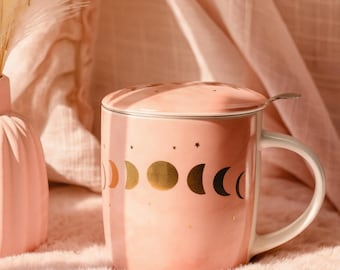 Moon Phase Mug with Strainer & Lid | Pink Teacup with Golden Moon Phases | Magical Ceramic Coffee Mug 400ml
