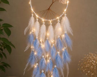 Atrapasueños Árbol de la Vida Jade Blanco 16 cm Plumas Atrapasueños Piedra preciosa Protección Decoración de pared estilo boho Opcional con guirnalda de luces LED