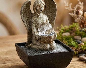 Angel Tabletop Fountain with LED Light • Indoor Water Fountain Made of Polyresin • Gentle Water Flow & Light Sphere • Feng Shui Decor