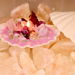 Op de afbeelding: Een roze kaars met kristallen en gedroogde bloemen in een witte schelp, omringd door roze Himalaya-zoutstenen.