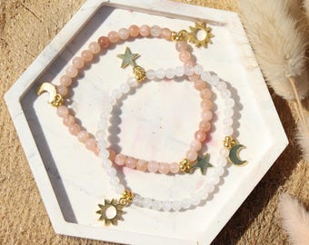 Gemstone bracelet Sun Moon Star – Moonstone or Sunstone – spiritual piece of jewelry with 3 pendants
