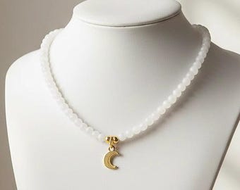 Adjustable moonstone necklace with moon pendant, delicate, genuine gemstone beads, gift, intuition, gold-colored