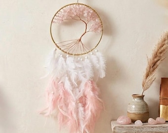 Dreamcatcher Tree of Life with Rose Quartz – Boho Wall Decor Ø16 cm – Dreamcatcher with Feathers & Gemstone
