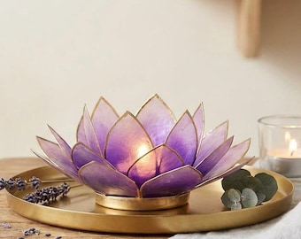 Lotus tealight holder, purple, made of capiz shell, chakra decoration, spiritual home accessories