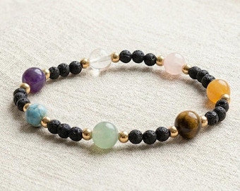 Chakra bracelet made of lava stone with 7 gemstones: aventurine, tiger's eye, rose quartz, amethyst, rock crystal, apatite, elastic
