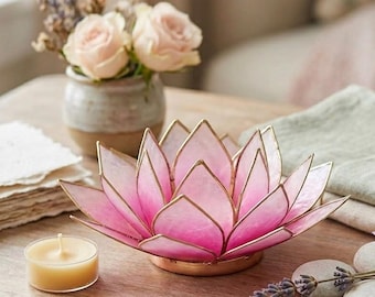 Lotus tealight holder, white and pink with gold rim • Capiz shell • Softly shimmering lotus blossom for rituals and home harmony