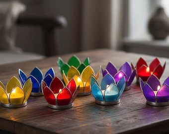 Lotus tealight holder, silver-colored, 8 cm, chakra colors, available individually or in a set of 7, spiritual home decor