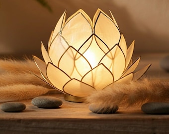 Large beige and gold lotus tealight holder | Capiz shell lantern | Boho decor | Meditation | Gift idea | Living room decor
