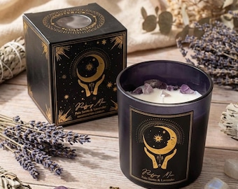Vela de manifestación “Luna Purificadora” en vaso – Vertida a mano con piedras preciosas y aceites esenciales