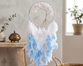 Dreamcatcher Tree of Life White Jade 16 cm Dreamcatcher Feathers Gemstone Protection Boho Wall Decor