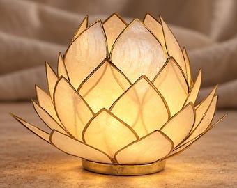 Large beige and gold lotus tealight holder | Capiz shell lantern | Boho decor | Meditation | Gift idea | Living room decor