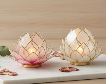 B-grade Lotus tealight holder, large, beige, gold or rose gold – Imperfect Edition | Capiz shell lantern with minor material defects