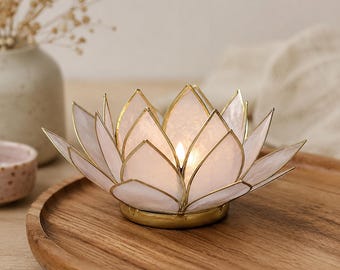 Lotus tealight holder, white and gold | Capiz shell | Spiritual decor, meditation, chakra, altar, gift idea, boho home accessory