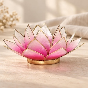 Könnte beinhalten: Ein Kerzenhalter in Form einer Lotusblüte mit durchscheinenden rosa und weißen Blütenblättern aus muschelartigem Material. Die Blütenblätter sind mit dünnen goldfarbenen Metallrändern eingefasst und in mehreren Schichten um einen runden Metallsockel angeordnet.