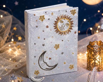 White velvet notebook with sun & moon, A5 journal with embroidery and beads, mystical diary